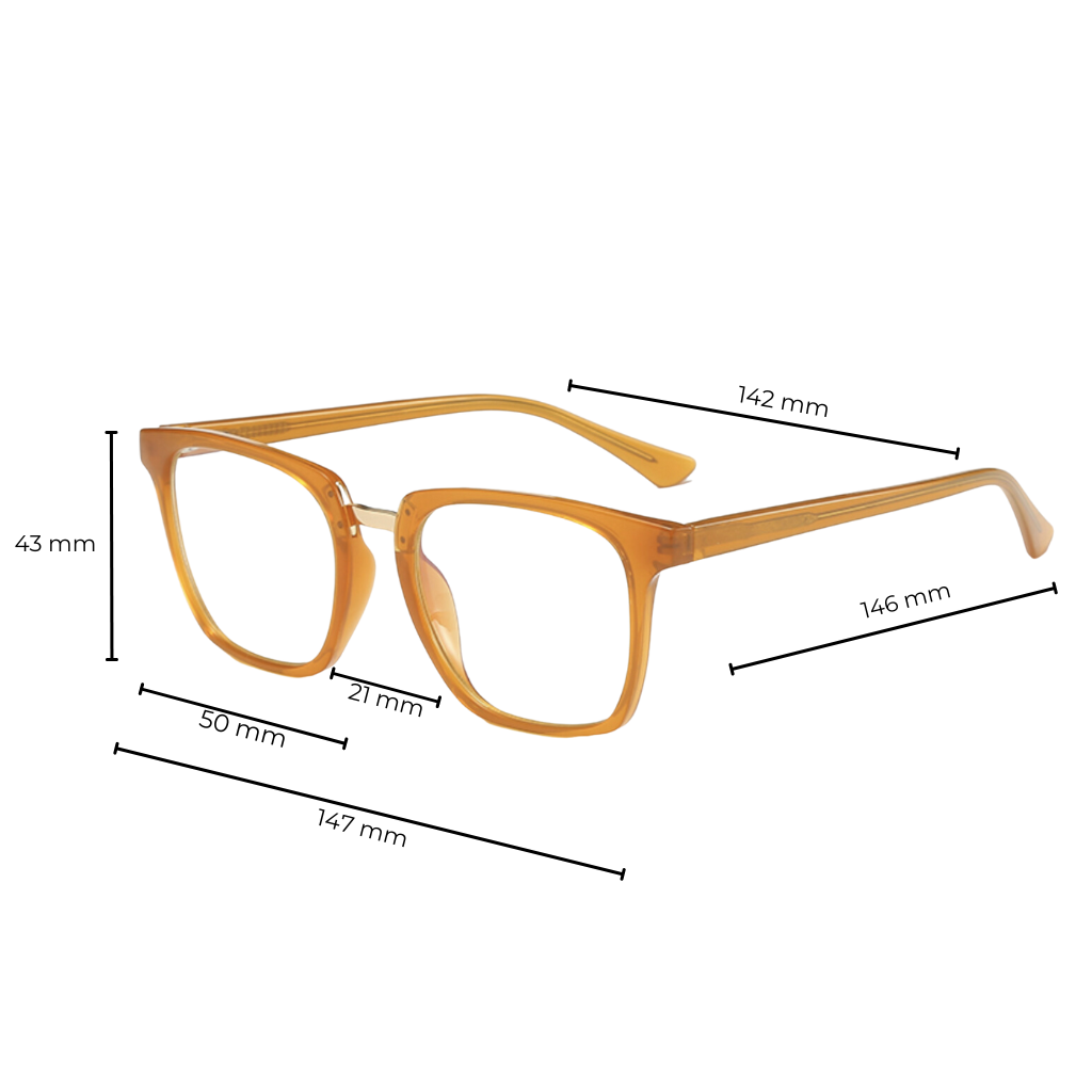 caramel horn rimmed square glasses with metal bridge size dimension