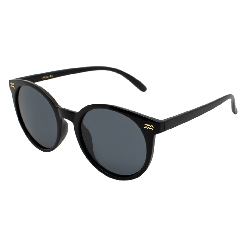 Black sunglasses featuring a gold aquarius zodiac sign engraved on the endpiece - side View