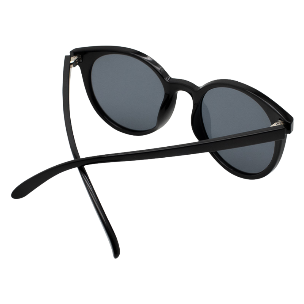 Black sunglasses featuring a gold aquarius zodiac sign engraved on the endpiece - back View