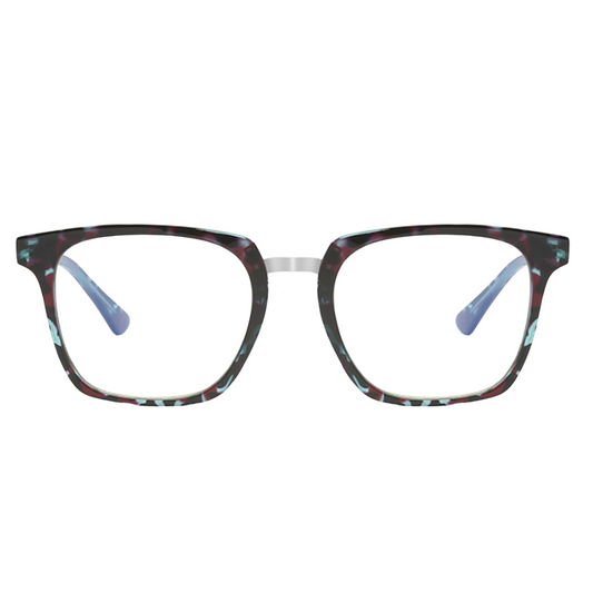 Teal Tortoise horn rimmed square glasses with metal bridge front view