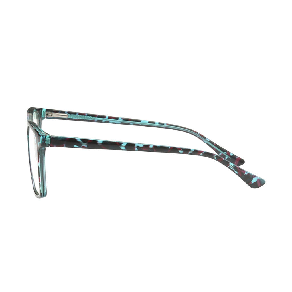 Teal Tortoise horn rimmed square glasses with metal bridge temple view