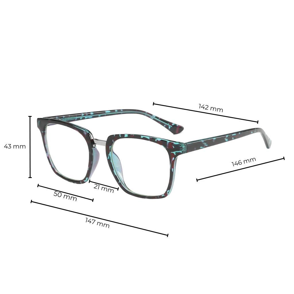Teal Tortoise horn rimmed square glasses with metal bridge size dimension