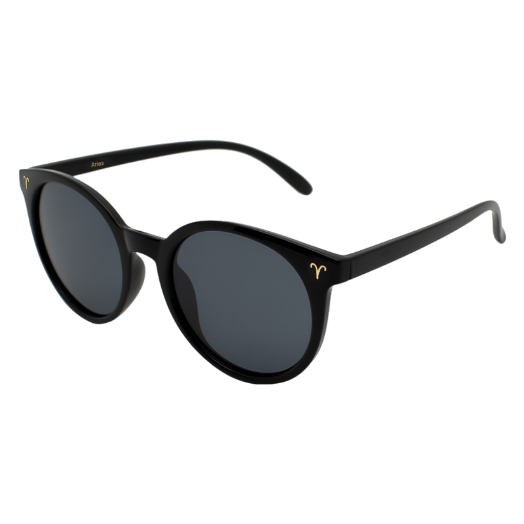 Black sunglasses featuring a gold aries zodiac sign engraved on the endpiece - side View