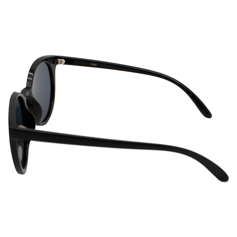 Black sunglasses featuring a gold leo zodiac sign engraved on the endpiece - temple View