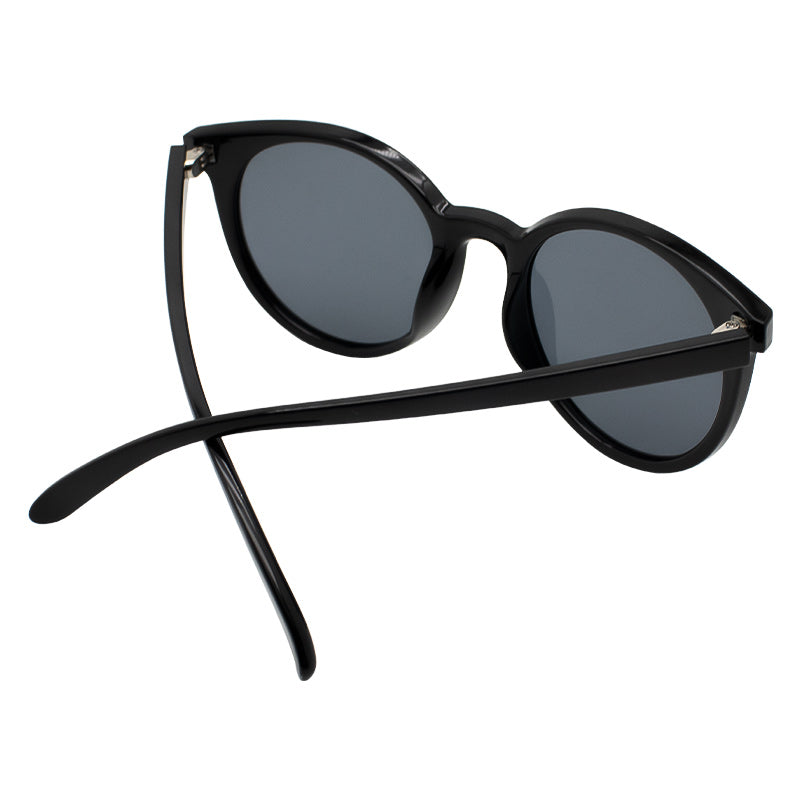 Black sunglasses featuring a gold libra zodiac sign engraved on the endpiece -back view