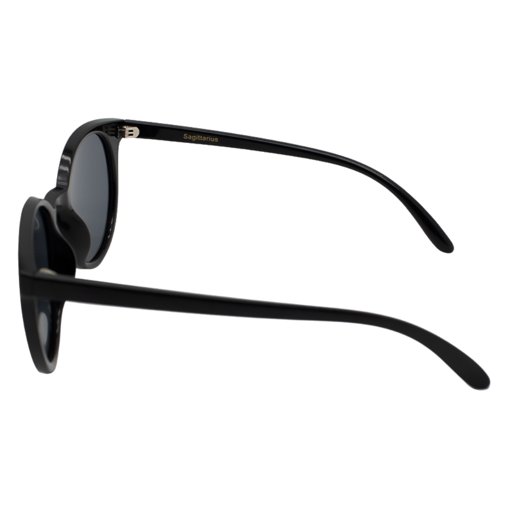 Black sunglasses featuring a gold sagittarius zodiac sign engraved on the endpiece - temple View