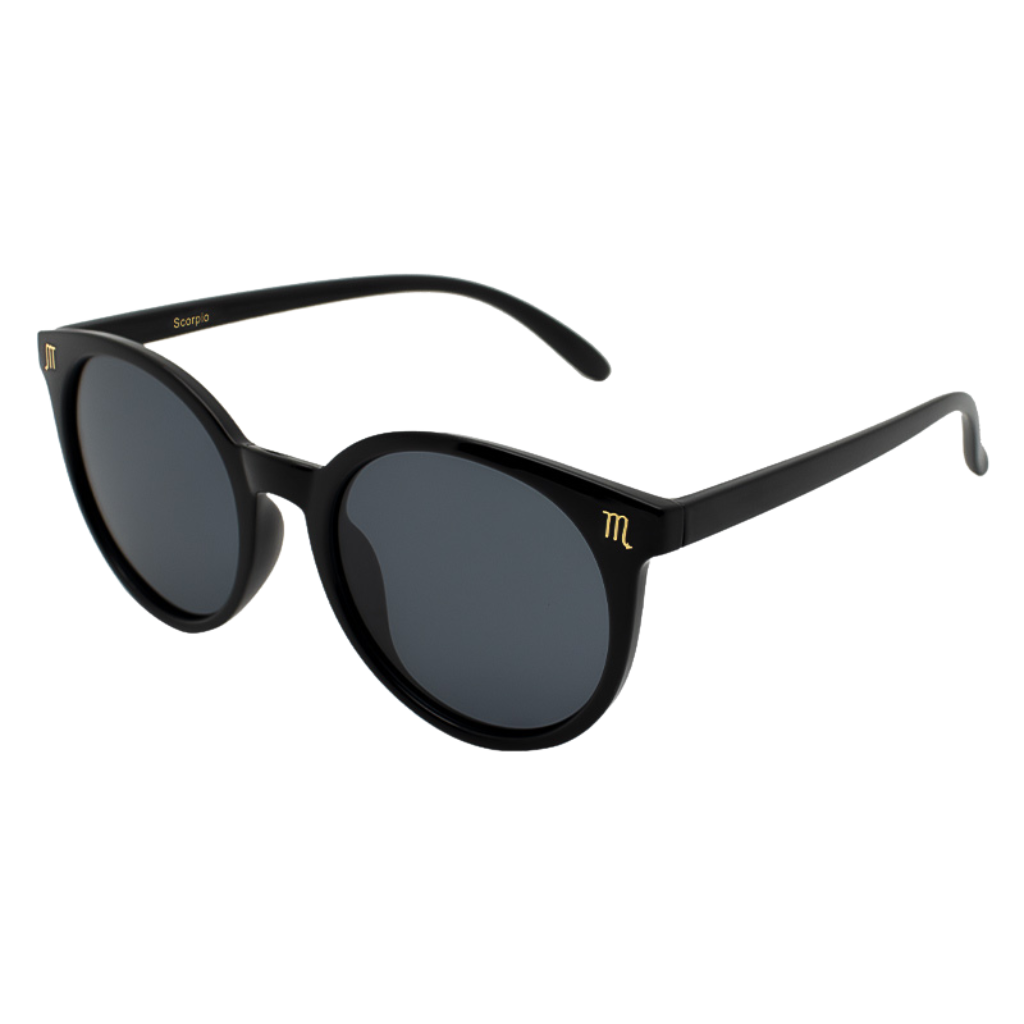 Black sunglasses featuring a gold scorpio zodiac sign engraved on the endpiece - side View