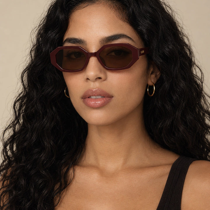 Nina Burgundy geometric sunglasses, styled view