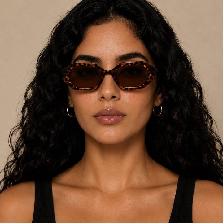 Nina Tortoise geometric sunglasses, styled view