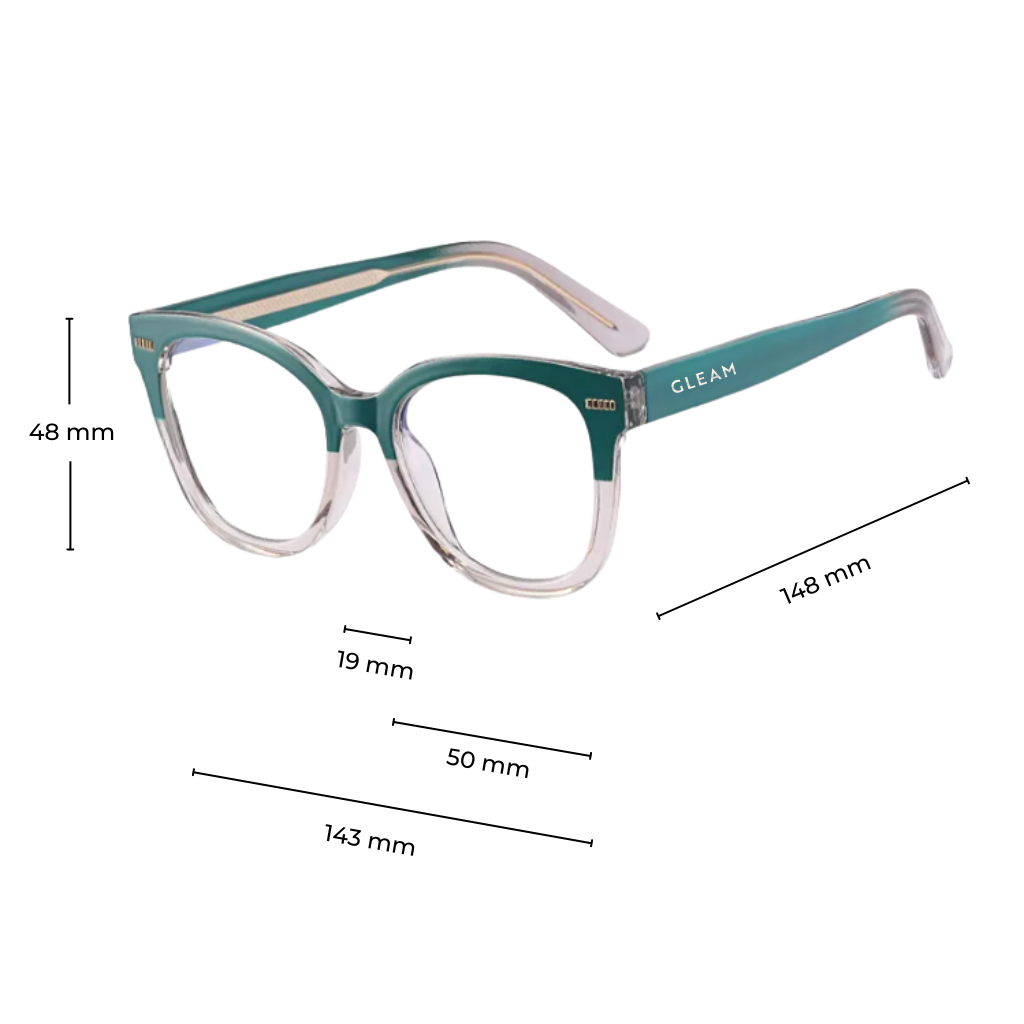 Measurement Details of Teal Blue Light-Blocking Sunglasses in Auxiliary View